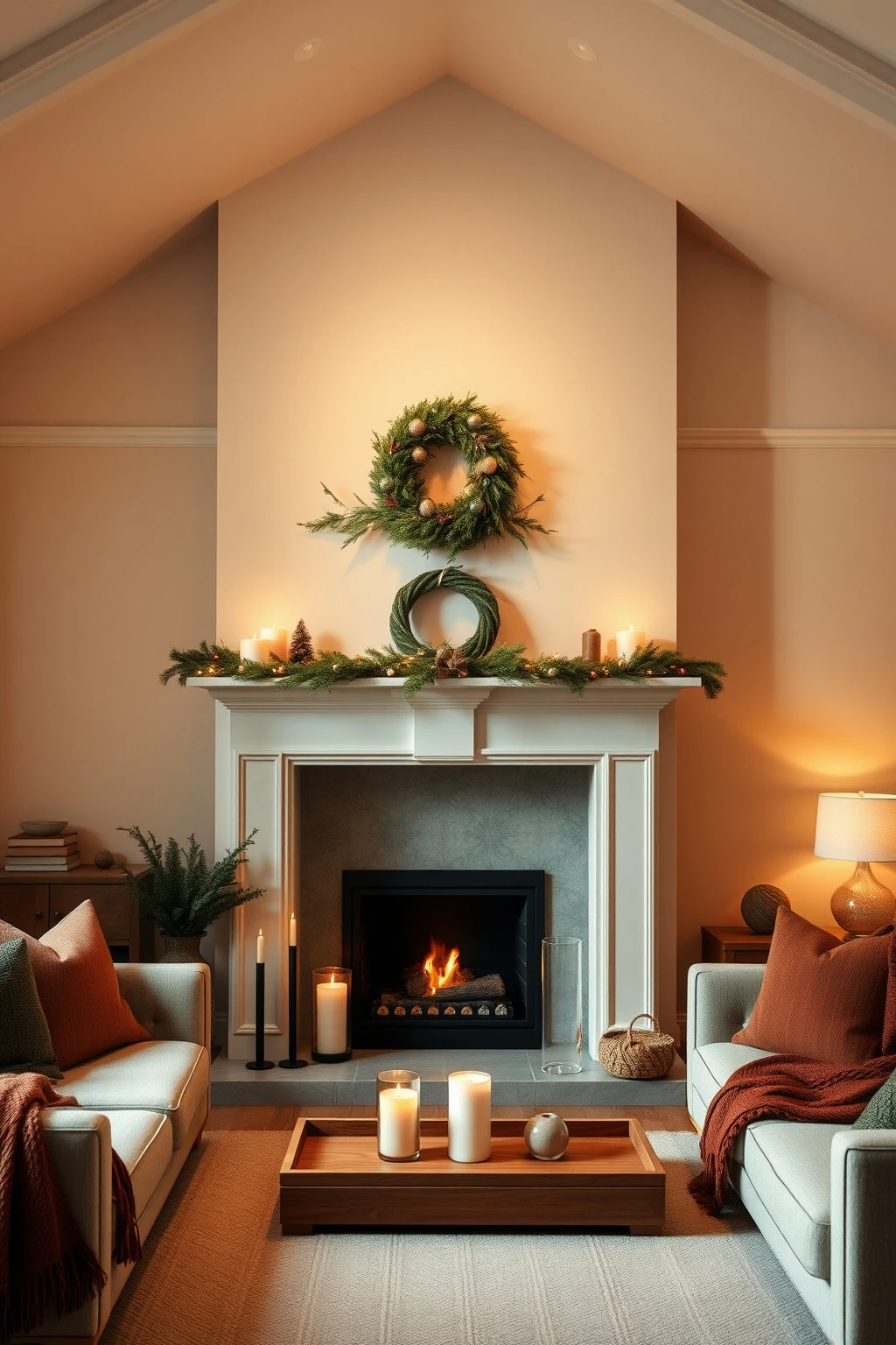 For a low-ceiling room, swap tall trees for a mantel garland beam
