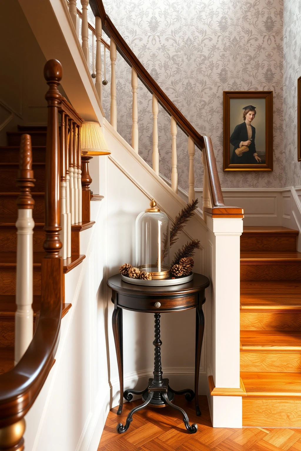 Stair Landing Table: One Cloche, One Bowl, One Pinecone Spray