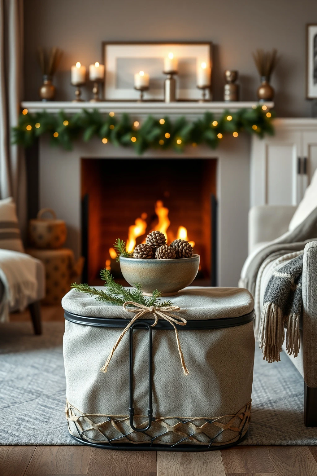 Make the hearth functional: a covered decorative log basket + greenery