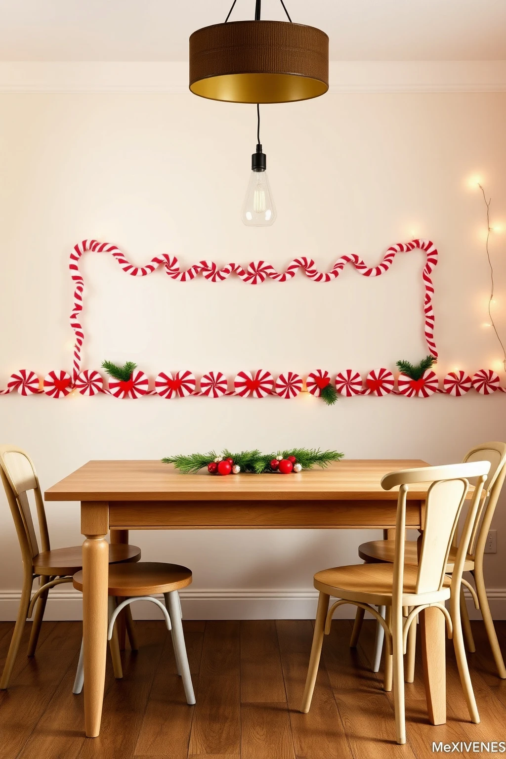 Drape peppermint ribbon like a garland, not a banner, on your dining wall