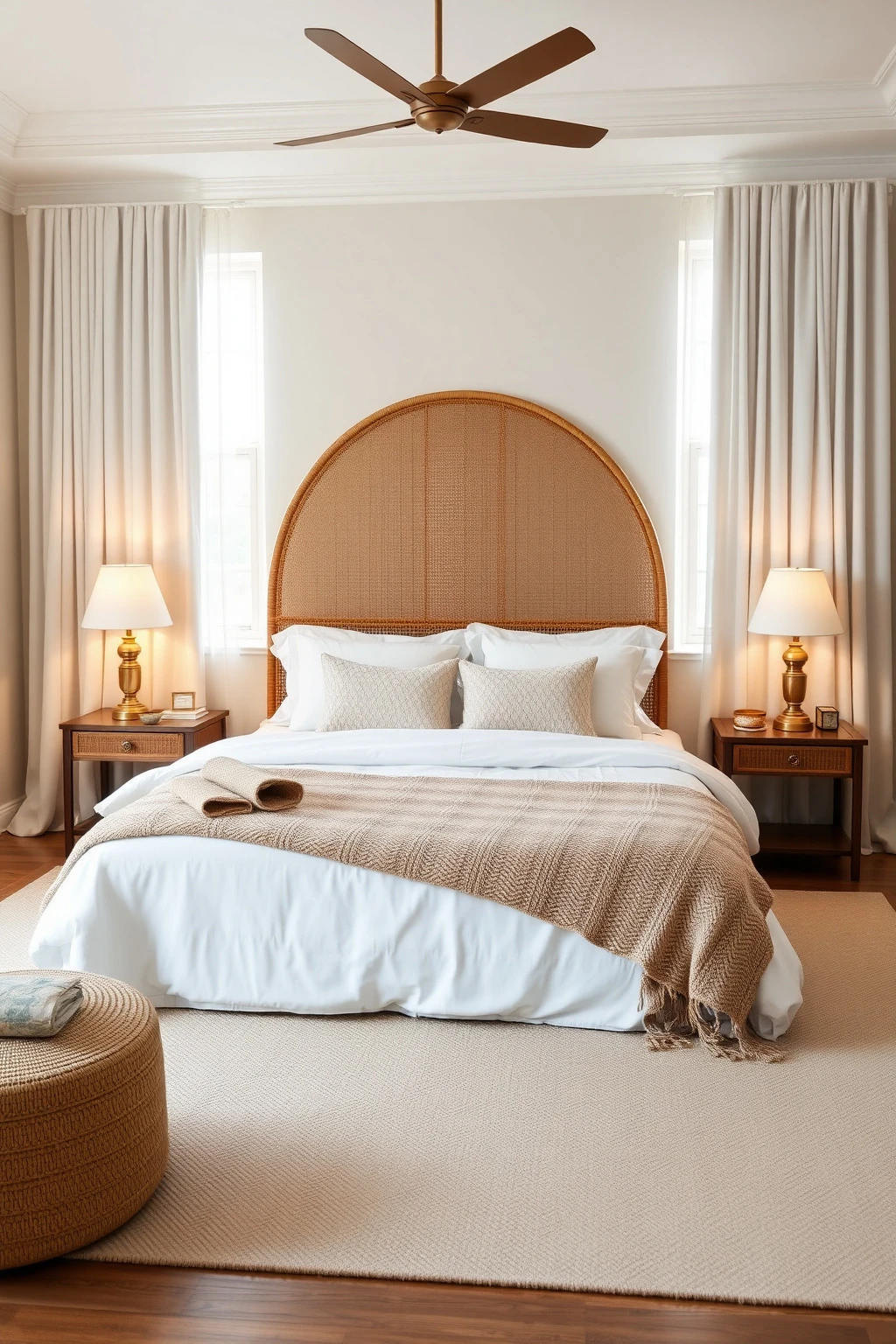 Rattan Headboard Paired with Boucle Throws