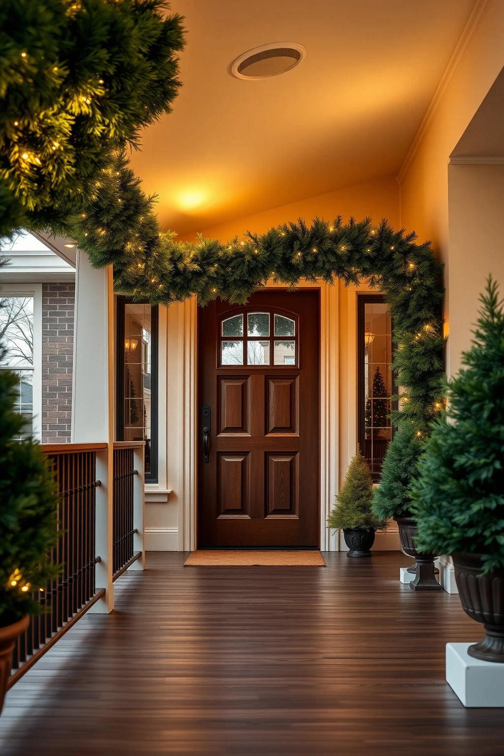 Garland + LED “Puck” Lights for Porch Rail Shine