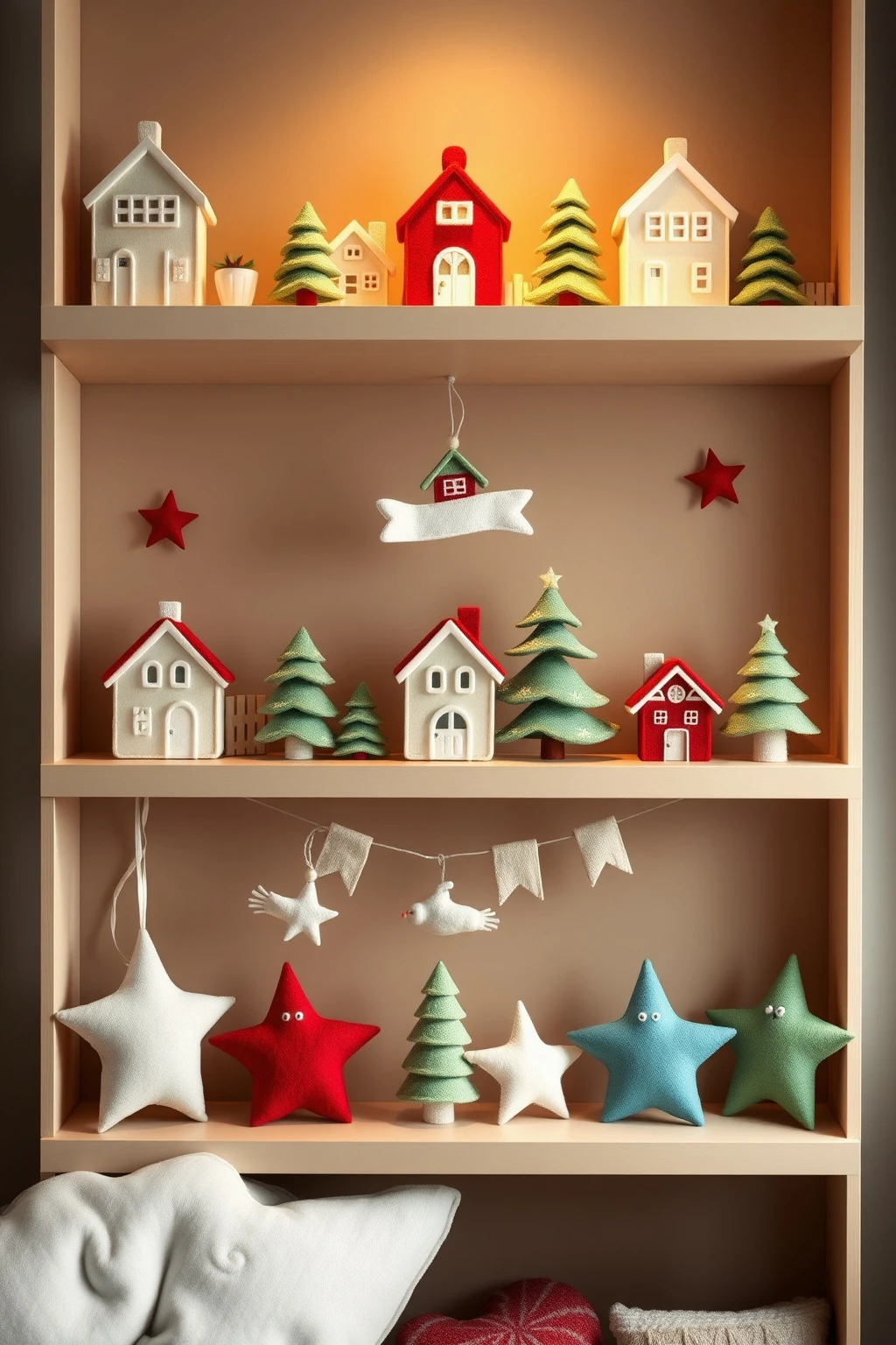 Turn felt ornaments into a “Whoville street” on shelving
