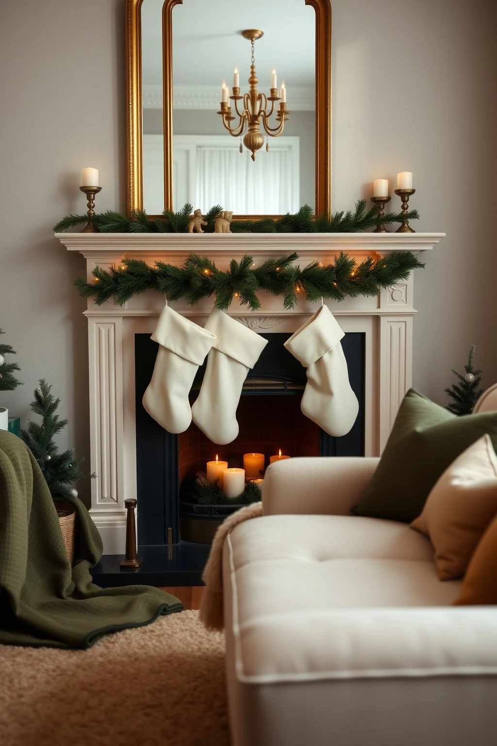 Hang stockings like they’re tailored: align seams with couch arms