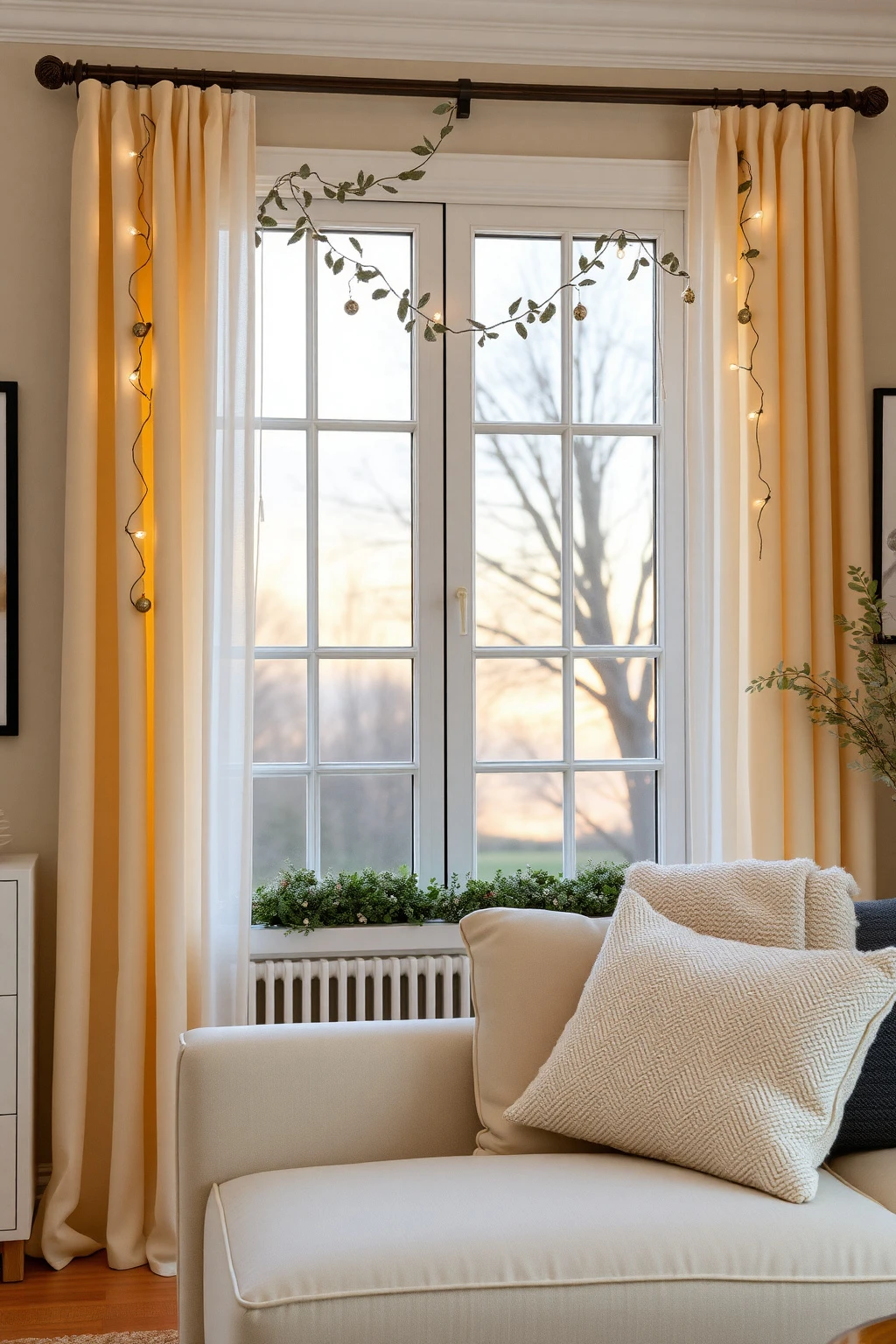 Drape a window with sheer + garland, not heavy fabric