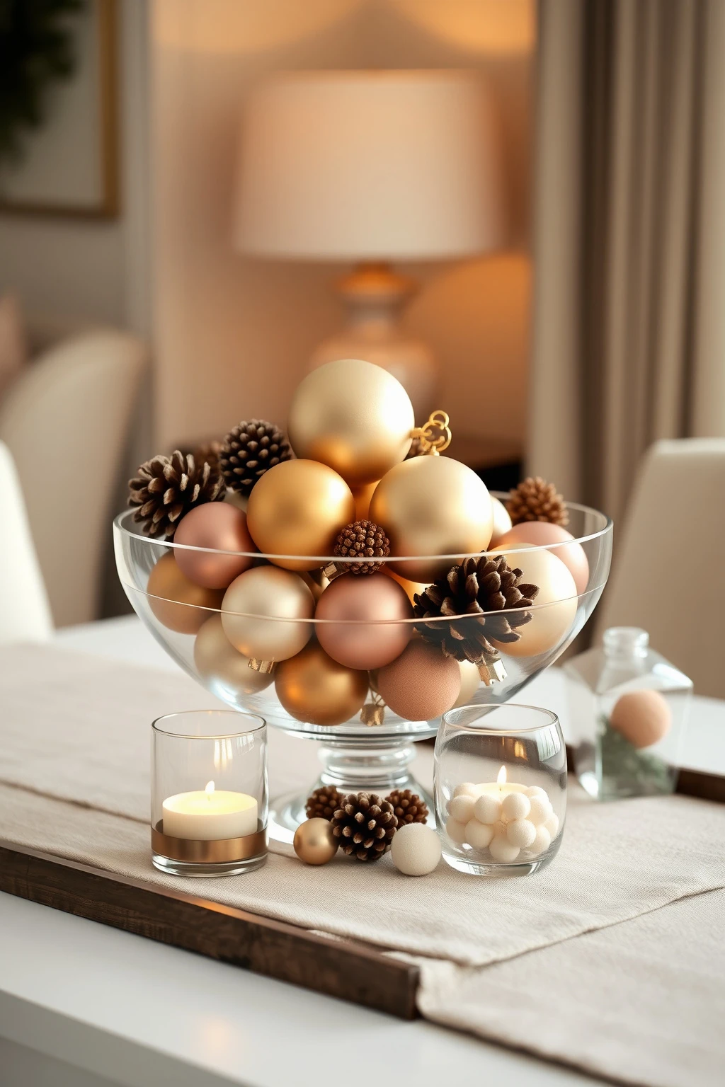 Cluster ornaments in a clear bowl for a countertop “wow”