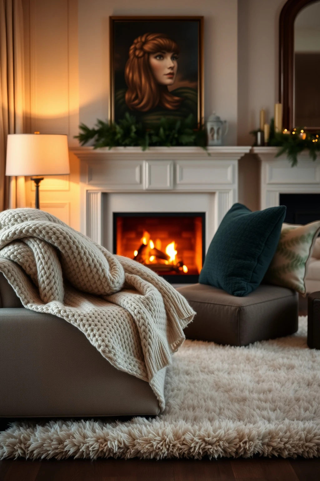 Build a “textile ladder”: throw, pillow, pouf, then rug pile