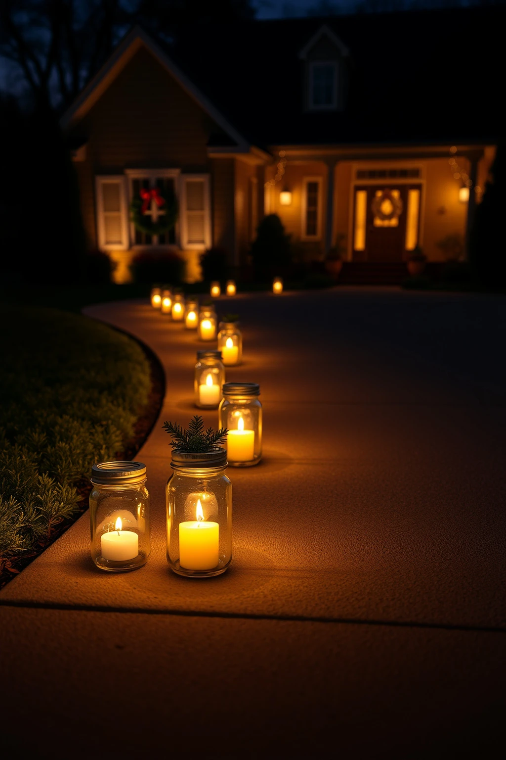 Mason Jar Lantern Luminaires Along the Driveway