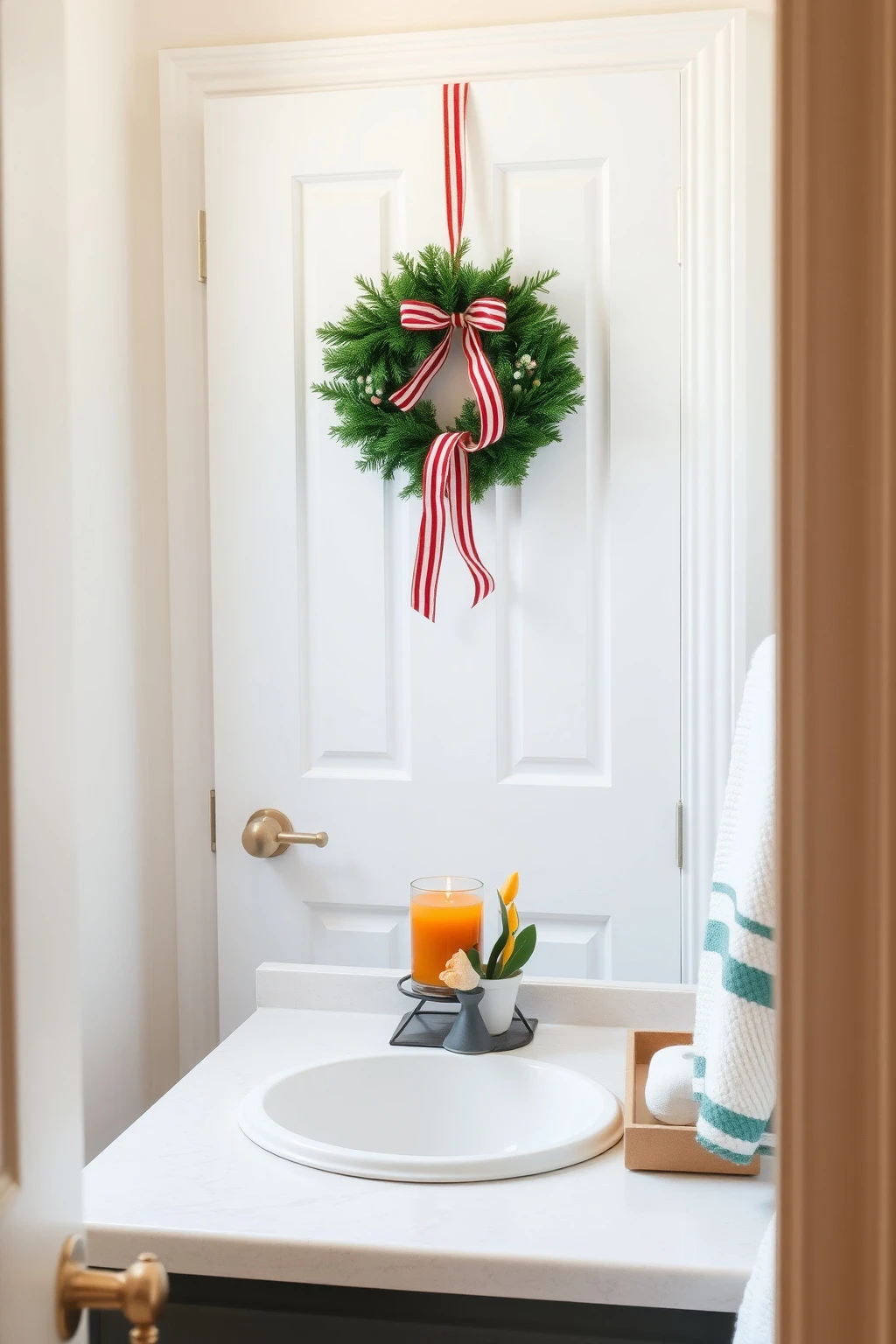 Give your bathroom a Whoville wink using a mini wreath and one scented candle