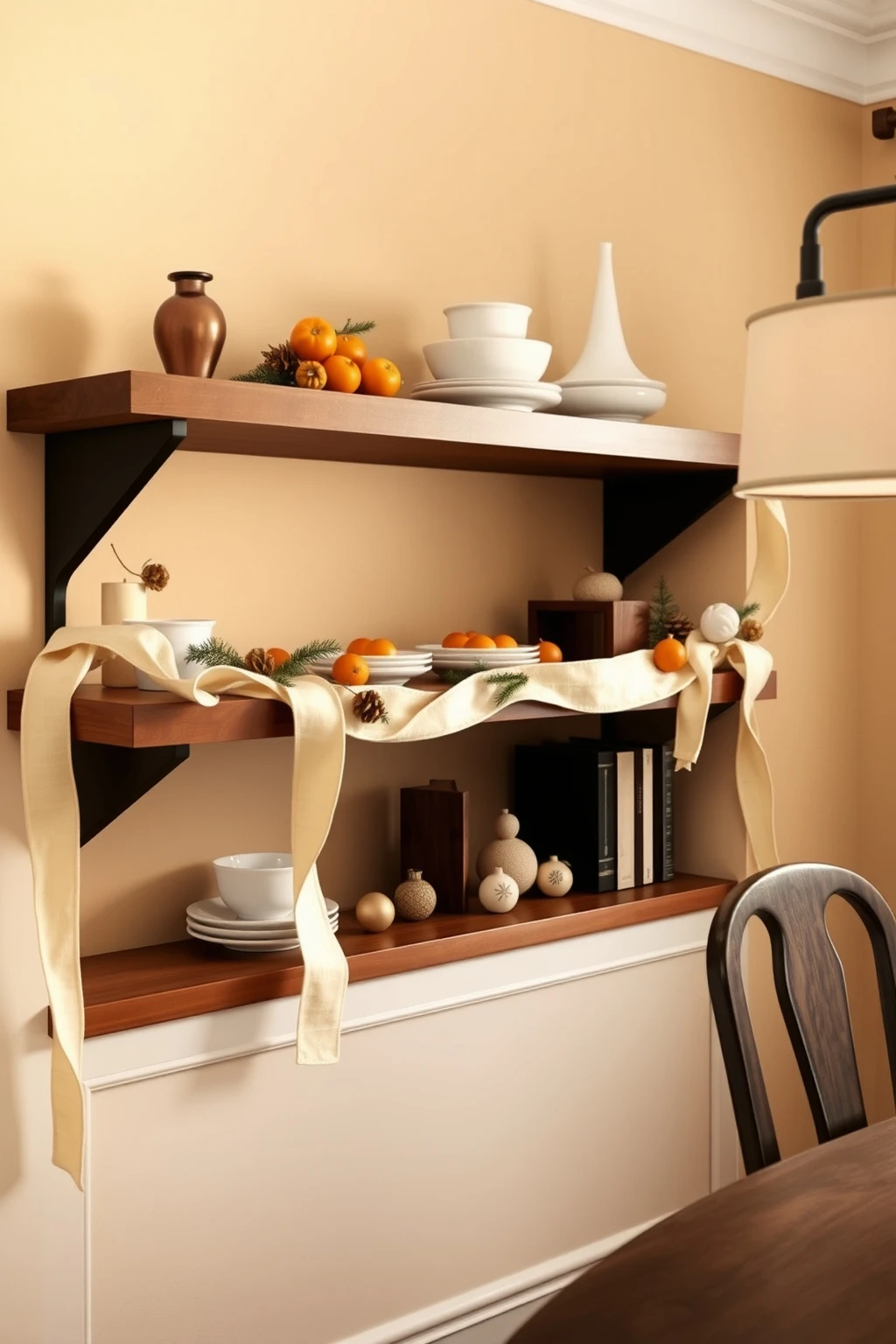 Swap traditional garland for a fabric ribbon “thread” on shelves