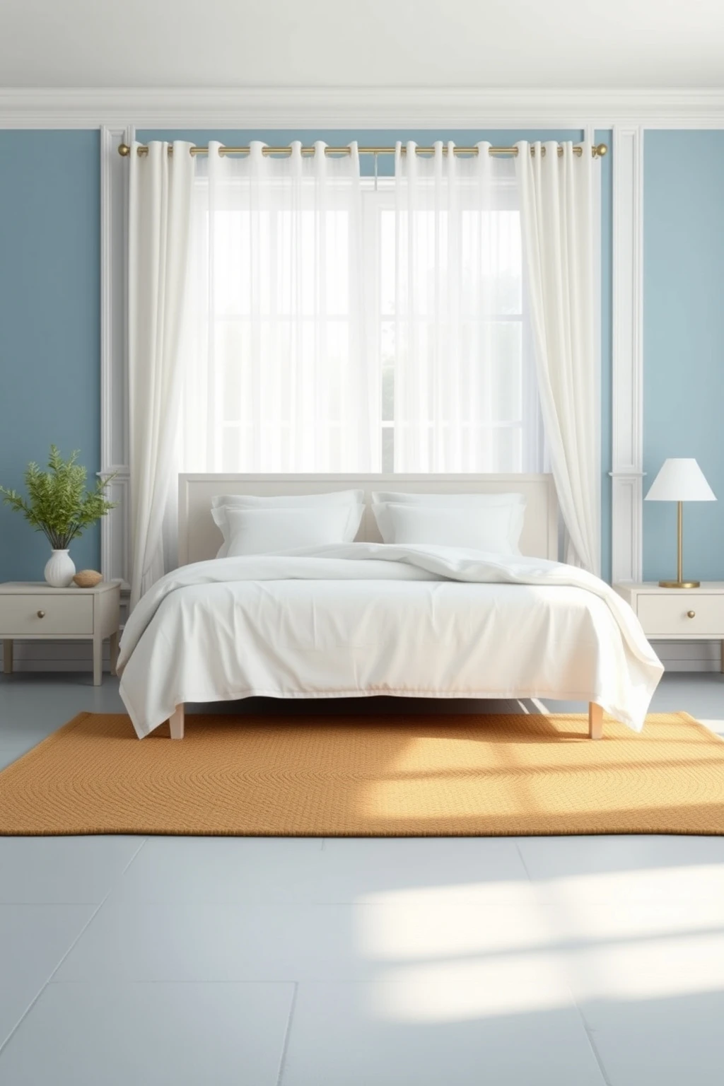 Pale Blue Walls, White Trim, and a Jute Rug